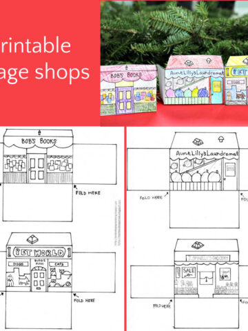 Two plain village shop template coloring pages and photo of 3 completed shops.