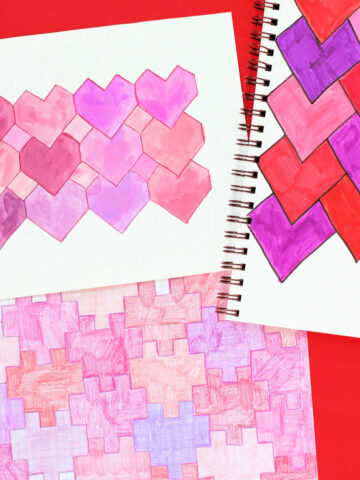 Three variations of colorful heart tessellations on graph and plain paper.