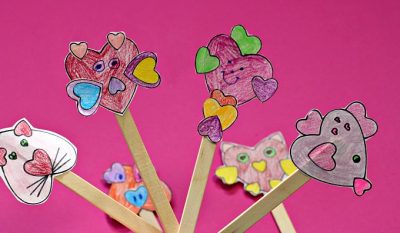 Heart Animals Coloring Page and Stick Puppet Craft