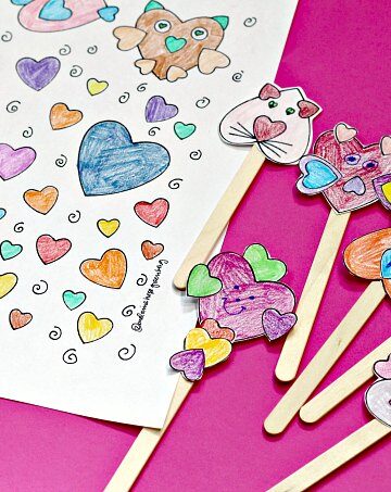 heart animals coloring page and stick puppets
