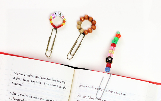 3 beaded paperclip bookmarks and book