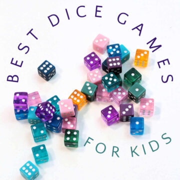 Multi-colored dice with text best dice game for kids