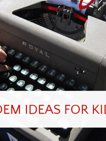 Child's hand on typewriter with text overlay "Poem ideas for kids"