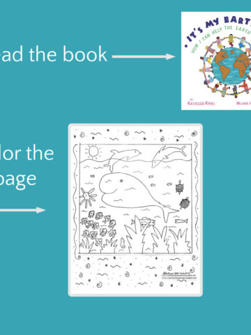 Book cover of It's My Earth, Too, and coloring page featuring illustration of whale and ocean creatures under the sea.