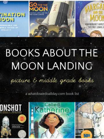 Collage of children's books with text overlay, Books about the Moon Landing.