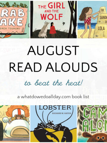 Grid of children's books with text overlay, August Read Alouds to beat the heat.