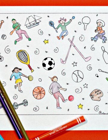Sports coloring page featuring illustration of kids playing different sports and sports equipment.