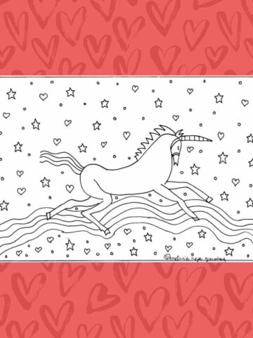 Unicorn and rainbow coloring page on background covered in pink hearts