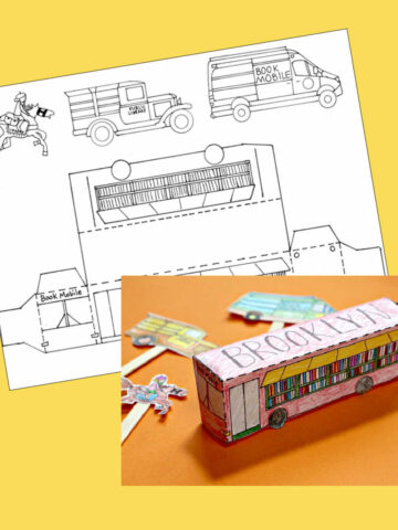 Paper bookmobile and historical bookmobile stick puppets coloring page plus photo of finished bookmobile.