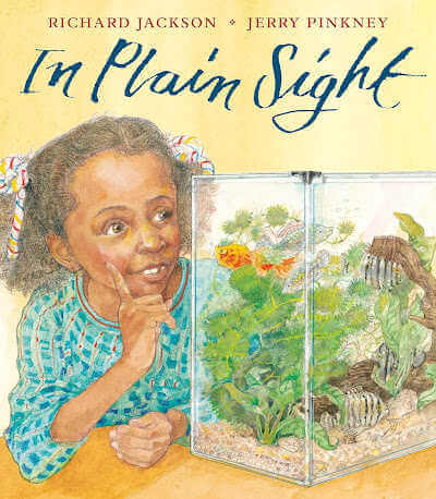 In Plain Sight book cover with illustration of Black girl looking into tabletop fish aquarium.