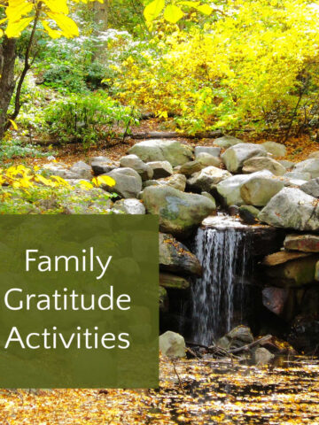 Tranquil scene with waterfall with text box that reads, family gratitude activities.