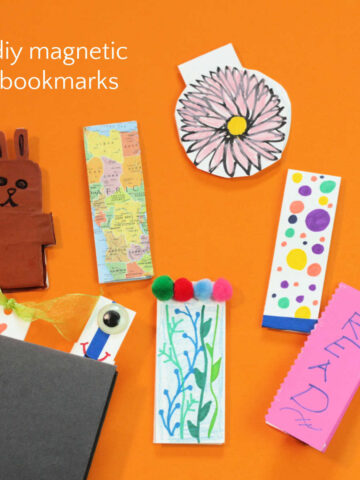 Assortment of unique diy magnetic bookmarks made from paper and ribbon.