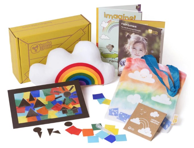Koala Crate kit showing different crafts including fabric rainbow cloud, paper stained glass, booklet and box.