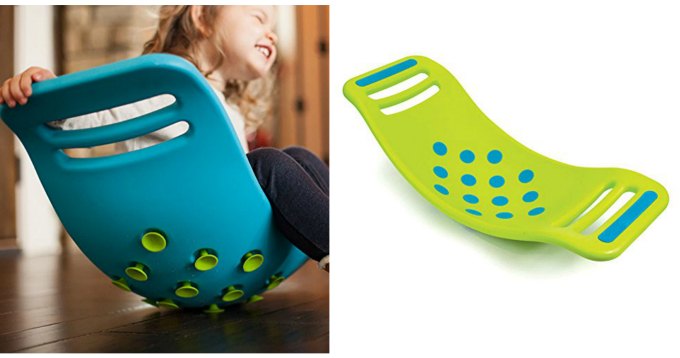 Child sitting in blue teeter popper, next to plain photo of green teeter popper.