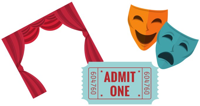 Grouping of illustrations of theater ticket, theater tragedy-comedy masks and red curtain.