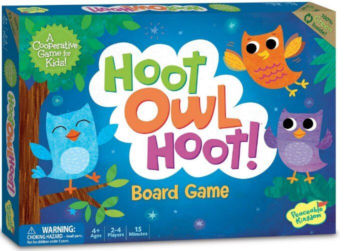 Hoot Owl Hoot cooperative game box showing illustrations of colorful baby owls