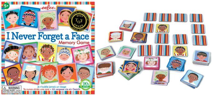 I Never Forget a Face memory game from eeboo box and card set up