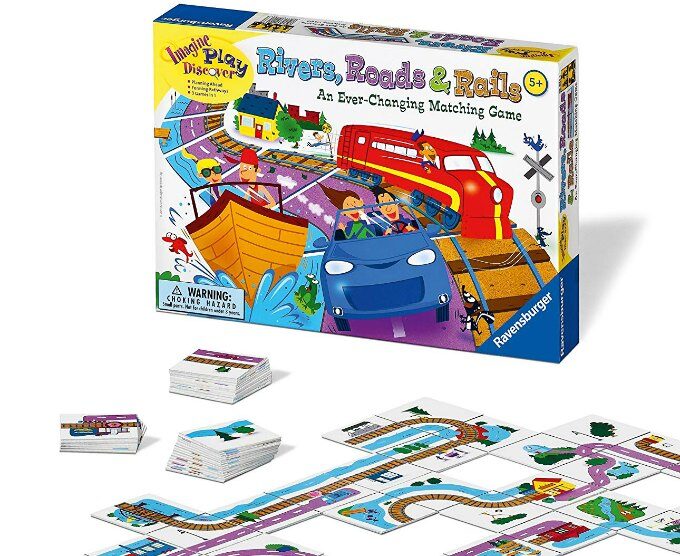 Rivers, Roads and Rails matching game box and cards laid out in front on white background