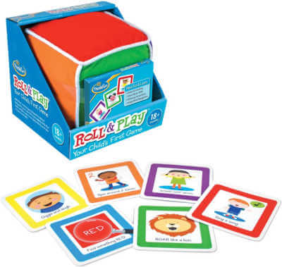 Roll and Play game with cards and soft square with colored sides.