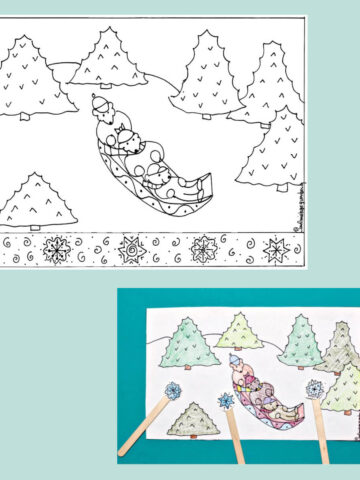 Plain sledding coloring page and photo of completed coloring page.