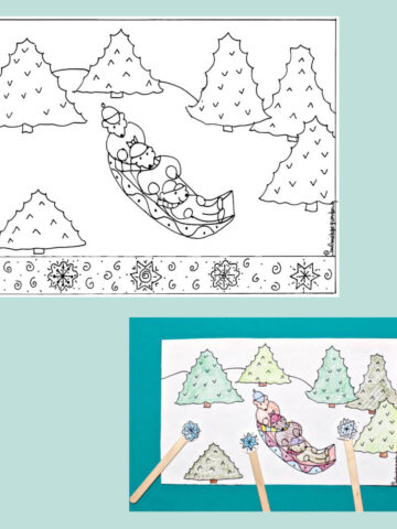 Sledding coloring page and photo of completed coloring page.