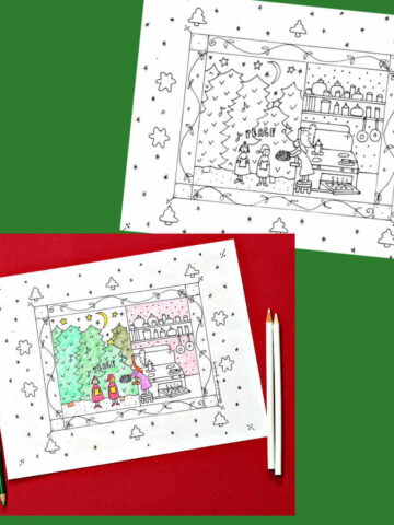 Plain coloring page with carolers and same coloring page in progress with some color and colored pencils.
