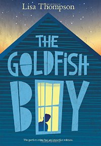 The goldfish boy book cover showing boy looking out of blue house window