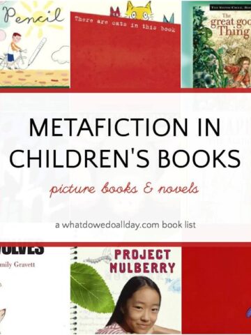 Metafiction in children's books text overlay over collage of book covers.