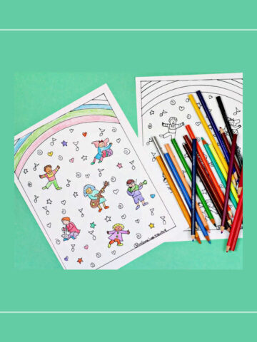 musical kids coloring page with pile of colored pencils