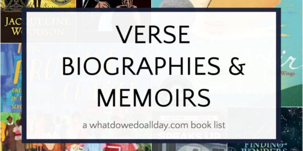 Collage of book covers ant text overlay that reads, "Verse biographies and memoirs"