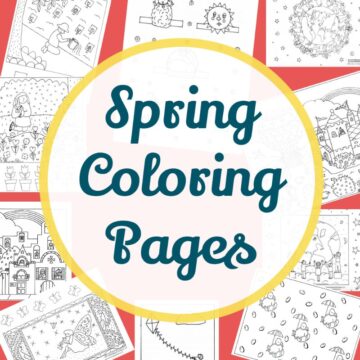 Collage of coloring pages with text overlay in circle over the collage that reads, "Spring Coloring Pages"