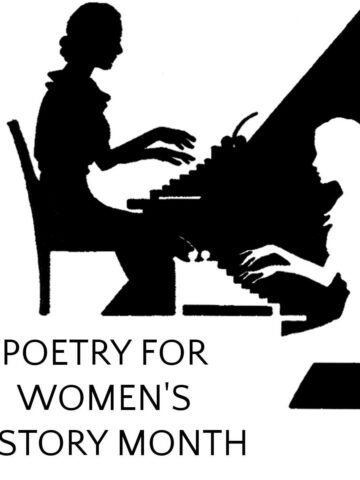 Black and white silhouette of woman typing with text overlay, Poetry for Women's History Month.