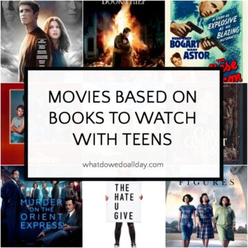 Collage of movie posters with text "movies based on books to watch with teens"