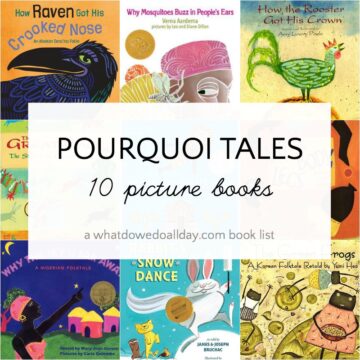 Collage of books with text overlay "pourquoi tales 10 picture books"