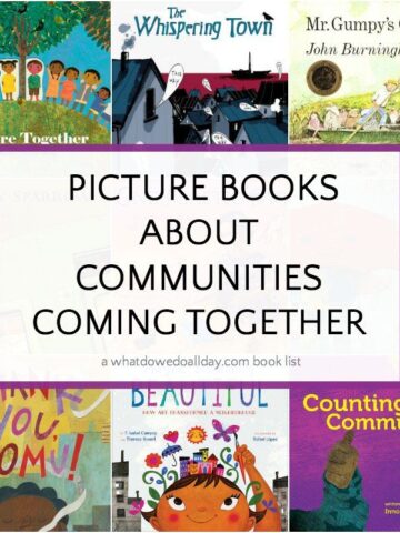 Picture books about communities coming together - collection of book covers and text