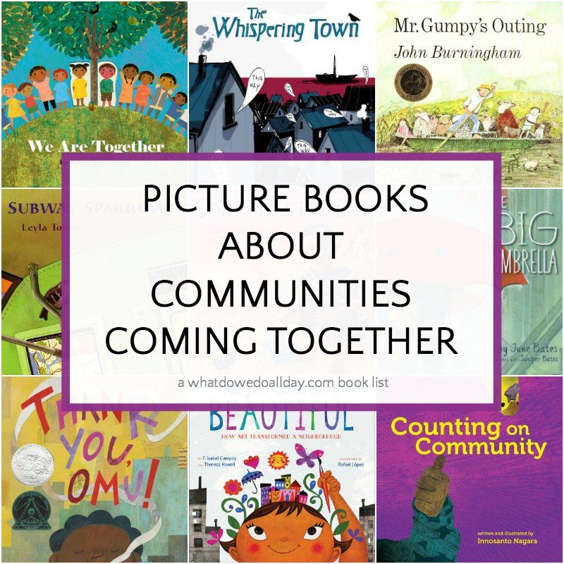 Picture books about communities coming together - collection of book covers and text