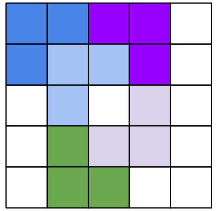 5x5 grid of squares with four L-shaped groups squares shaded in different colors.