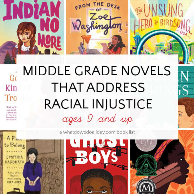 Collage of book covers of middle grade novels that address racial injustice