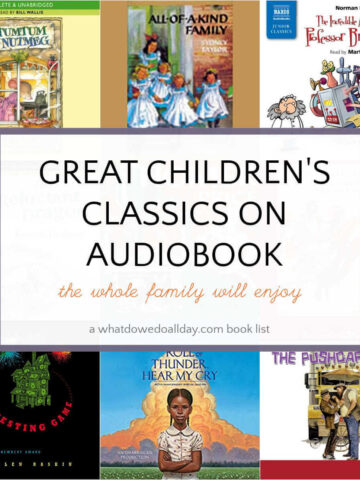 Collage of classic children's audiobooks, with text overlay, Great Children's Classics on Audiobook the whole family will enjoy.