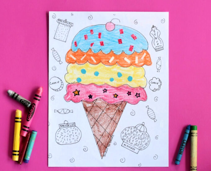 ice cream cone coloring page on pink background with crayons