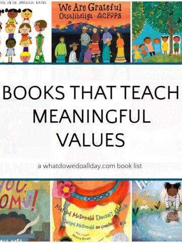 Collage of book covers with text overlay that reads, "books that teach meaningful values"