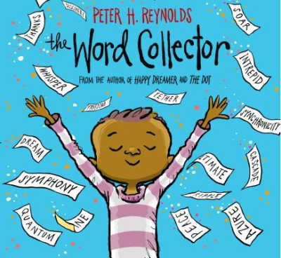 boy holding arms with words on paper raining down the word collector book cover