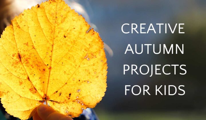 Bright yellow leaf with text overlay, "Creative Autumn Projects for Kids."
