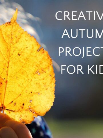 Glowing yellow leaf with text that reads "Creative autumn projects for kids"