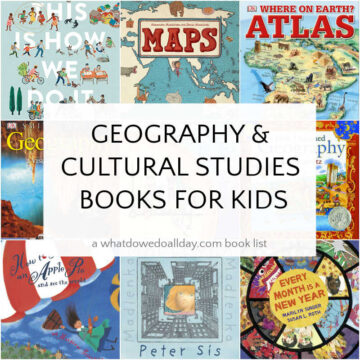 Collage of geography books with text overlay "Geography and Cultural Studies Books for Kids"