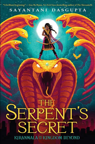 The Serpent's Secret book cover featuring girl holding bow and arrow standing on a giant cobra head