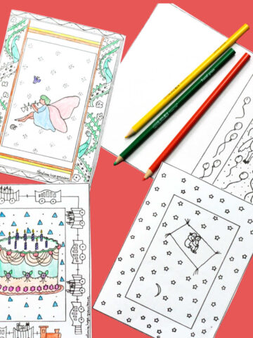 four birthday card coloring pages and colored pencils