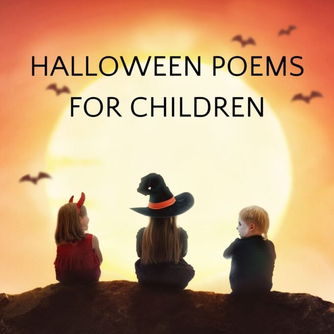 children in costume looking and the moon with halloween poems for children text