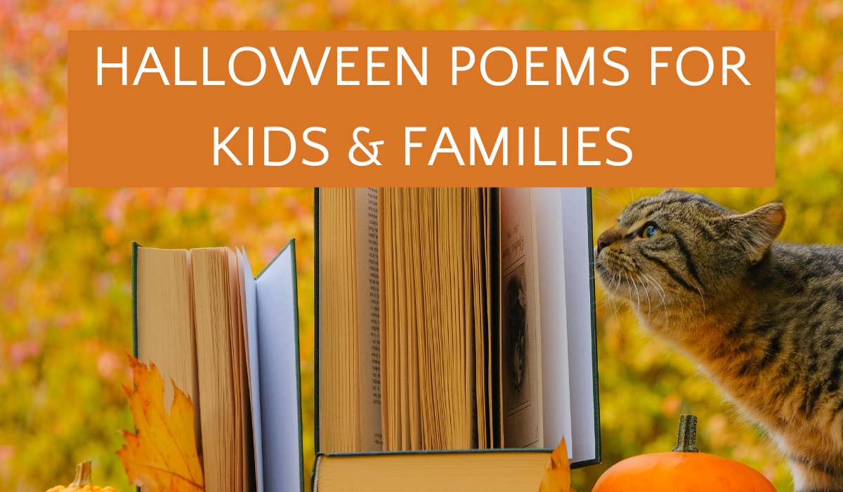 Cat nosing a stack of books next to a pumpkin with text overlay, "Halloween poems for kids and families".