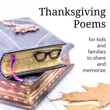 Thanksgiving poems and stack of books with leaf
